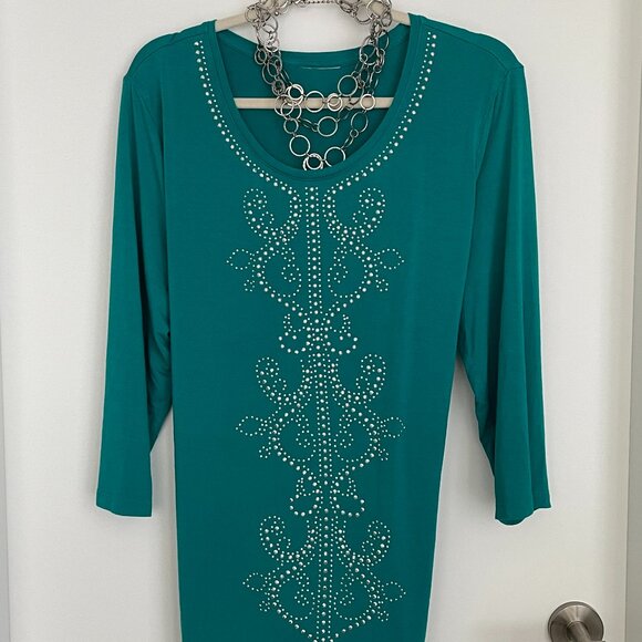 Tops - Silver Studded Round Neck Embellished T-Shirt 3/4 Sleeve Green…